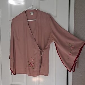 Odille Pink Wrap Blouse with Floral Embroidery